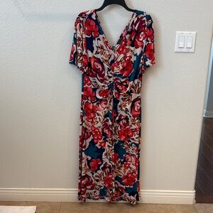 Floral V-Neck Dress - Red and Blue